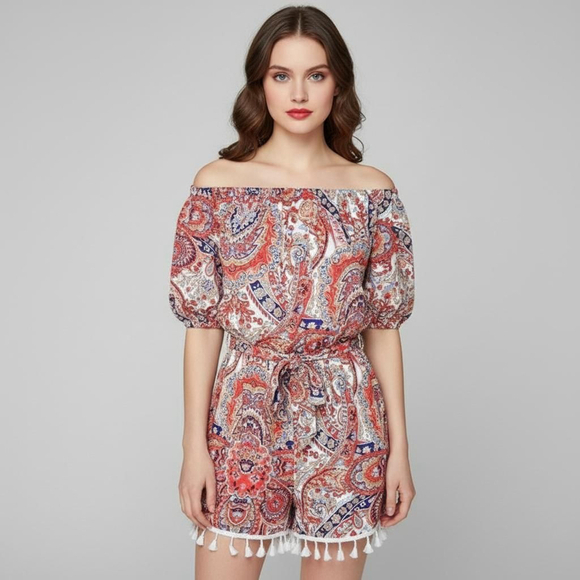 Unbranded Pants - Women's Medium Red Blue Paisley Off Shoulder Shorts Romper Tassles
